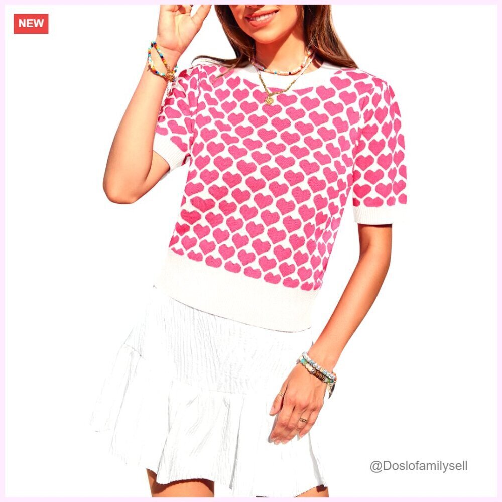 Puff Short Sleeve Sweater Cropped Knit Heart Graphic Y2K Chic Pullover Top